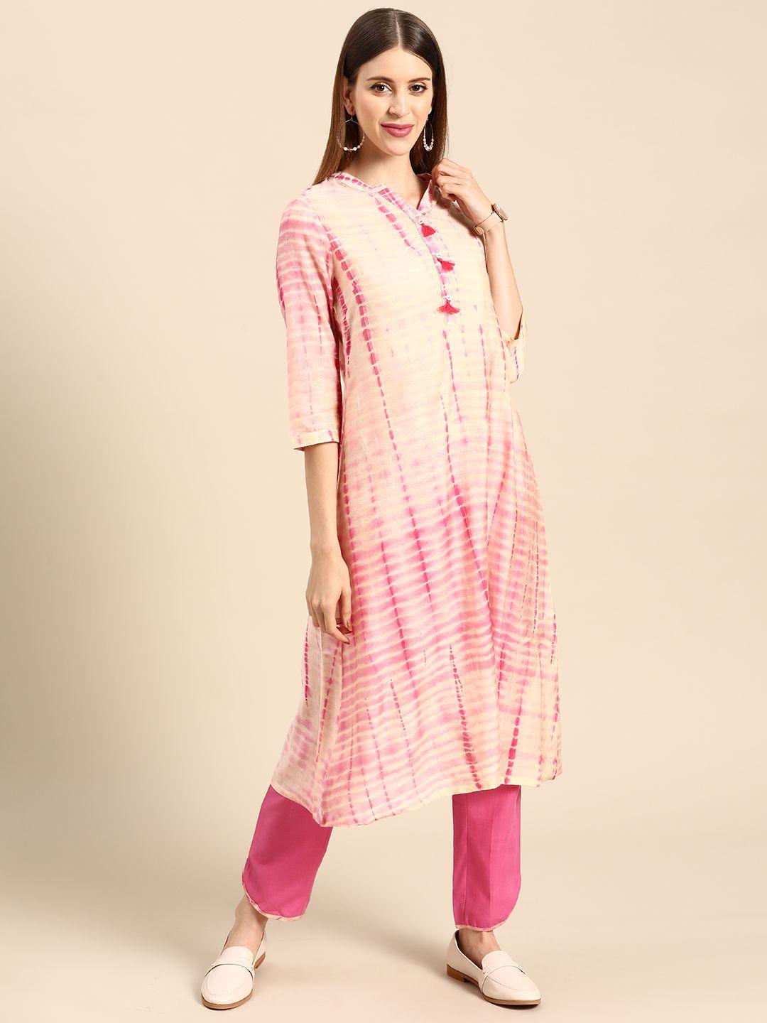 anouk women off white & pink leheriya print kurta with trousers