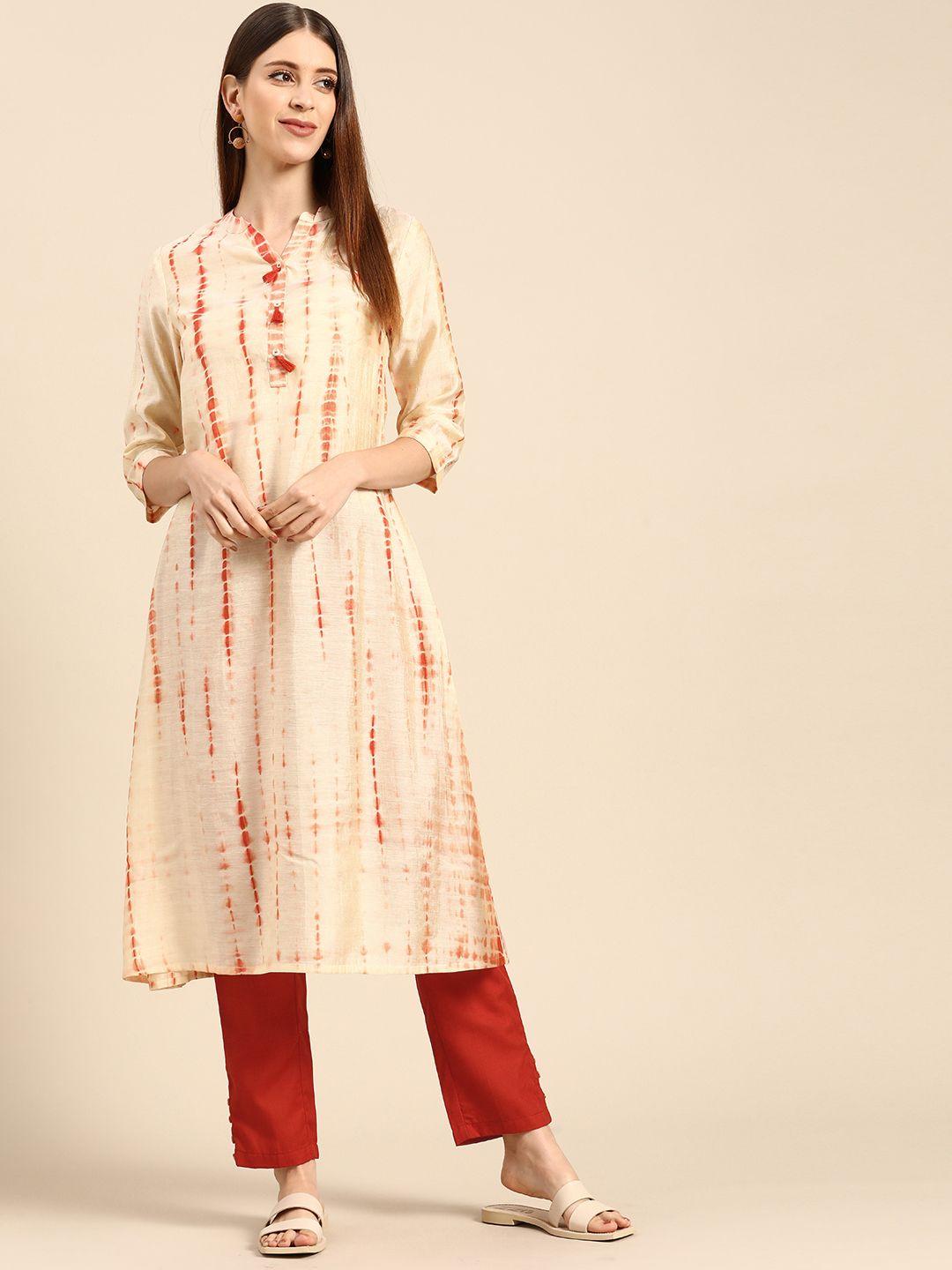 anouk women off-white & rust red dyed kurta with trousers