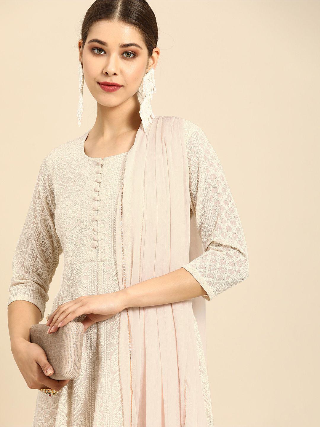 anouk women off white embroidered sequined panelled a-line kurta palazzos & with dupatta