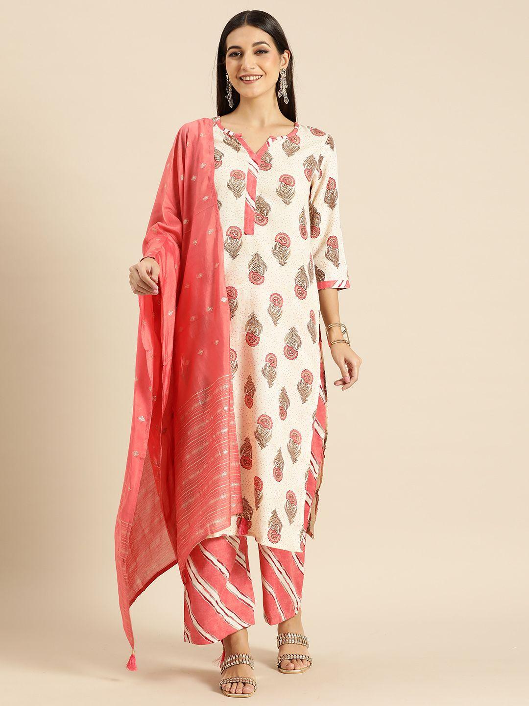 anouk women off white floral printed kurta with palazzos & with dupatta