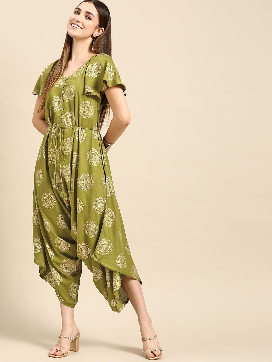 anouk women olive green & golden ethnic motifs printed basic jumpsuit