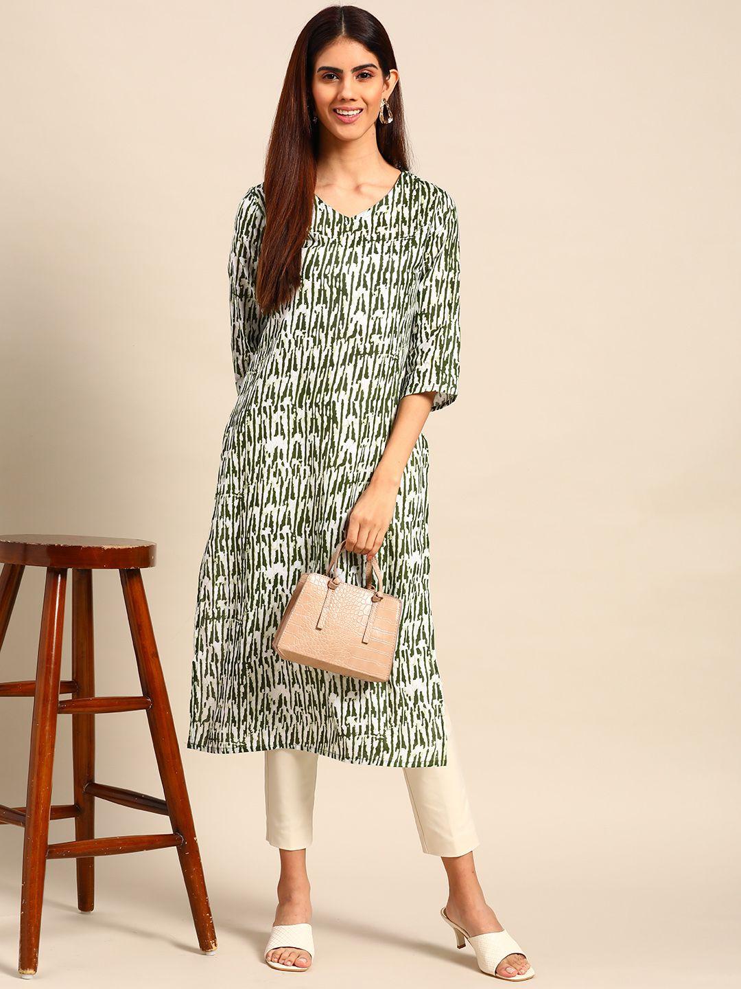 anouk women olive green & white pure cotton printed straight kurta