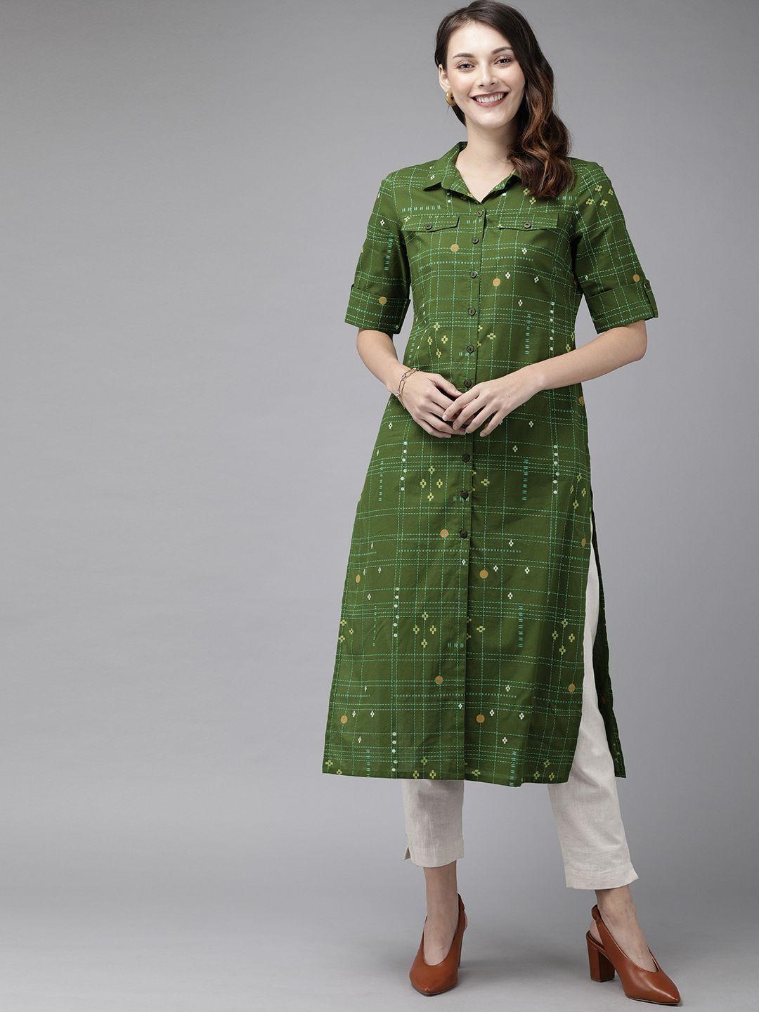 anouk women olive green antiviral finish geometric print pure cotton straight kurta