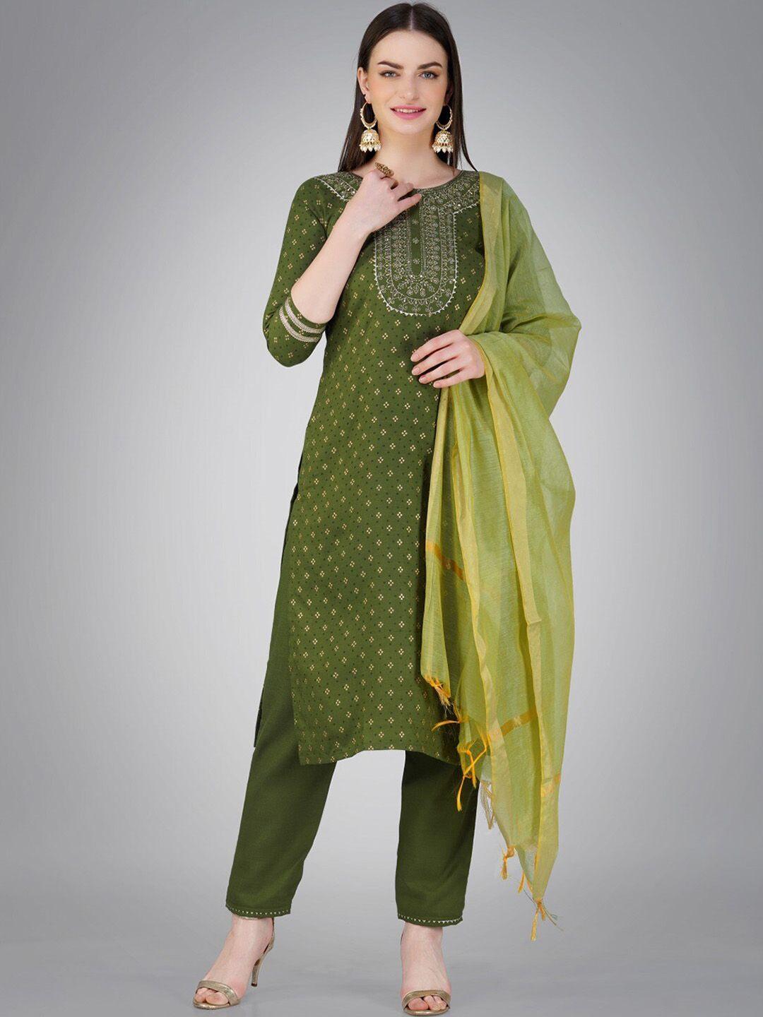 anouk women olive green embroidered regular sequinned kurta with trousers & with dupatta