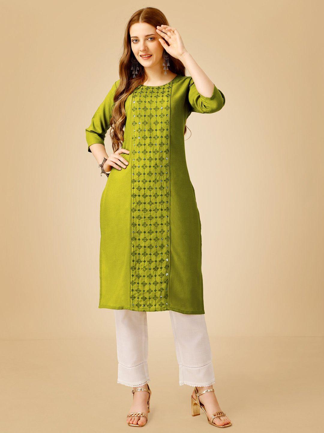 anouk women olive green embroidered regular sequinned kurti with trousers