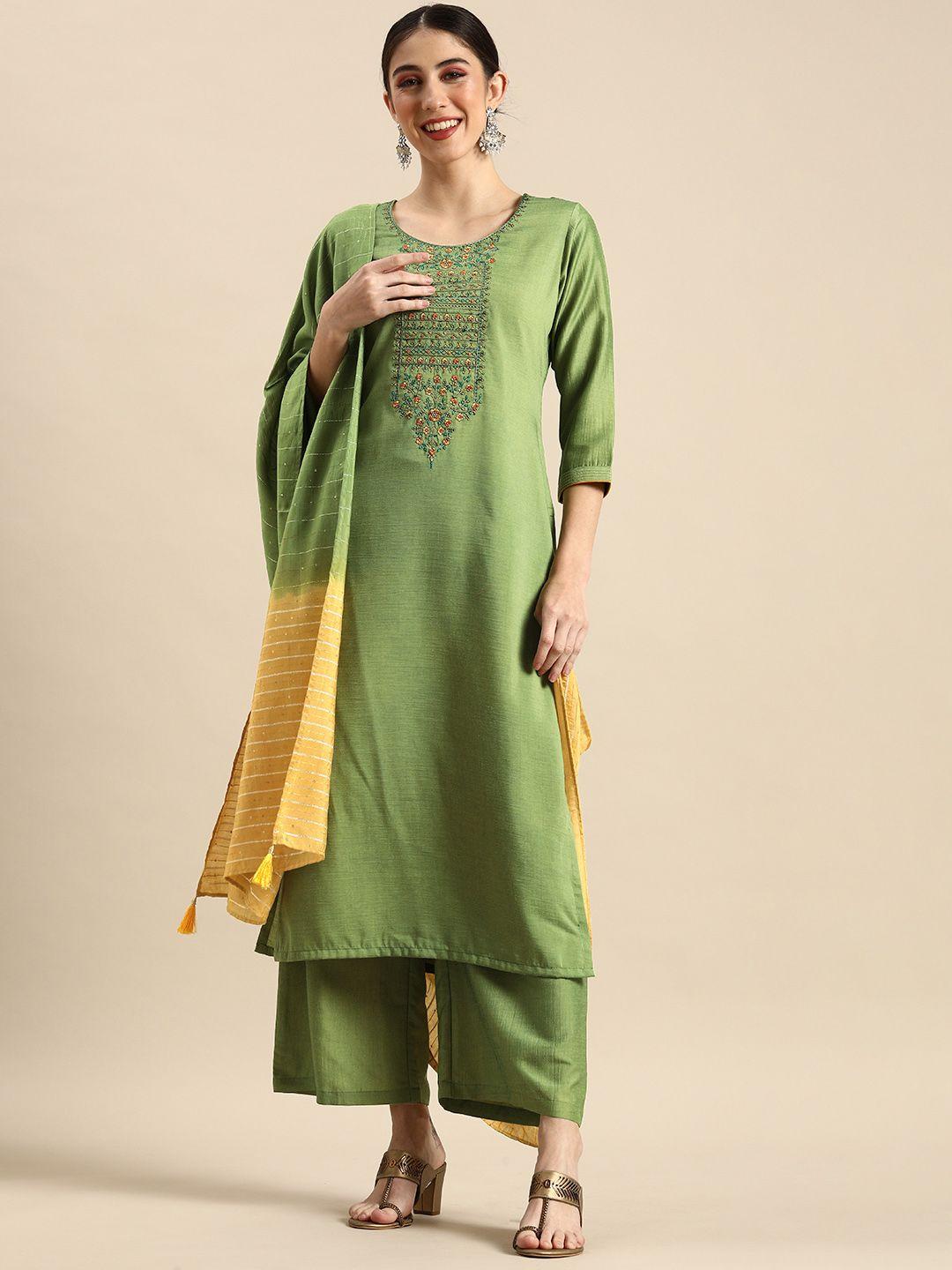 anouk women olive green ethnic motifs embroidered kurta with palazzos & with dupatta