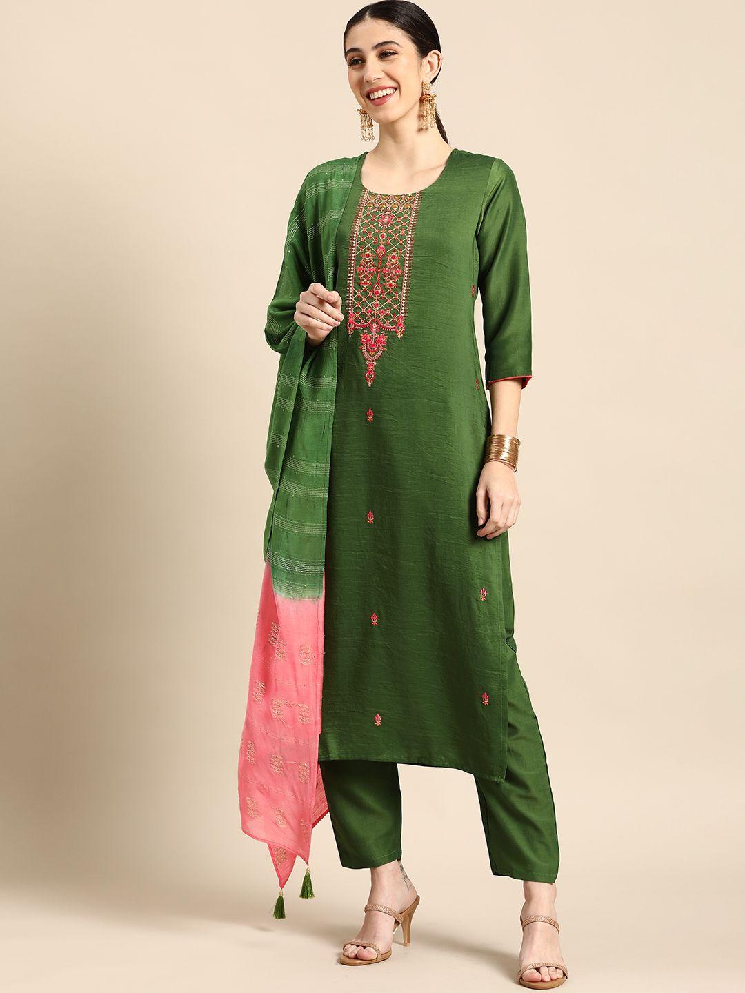 anouk women olive green floral embroidered kurta with trousers & with dupatta