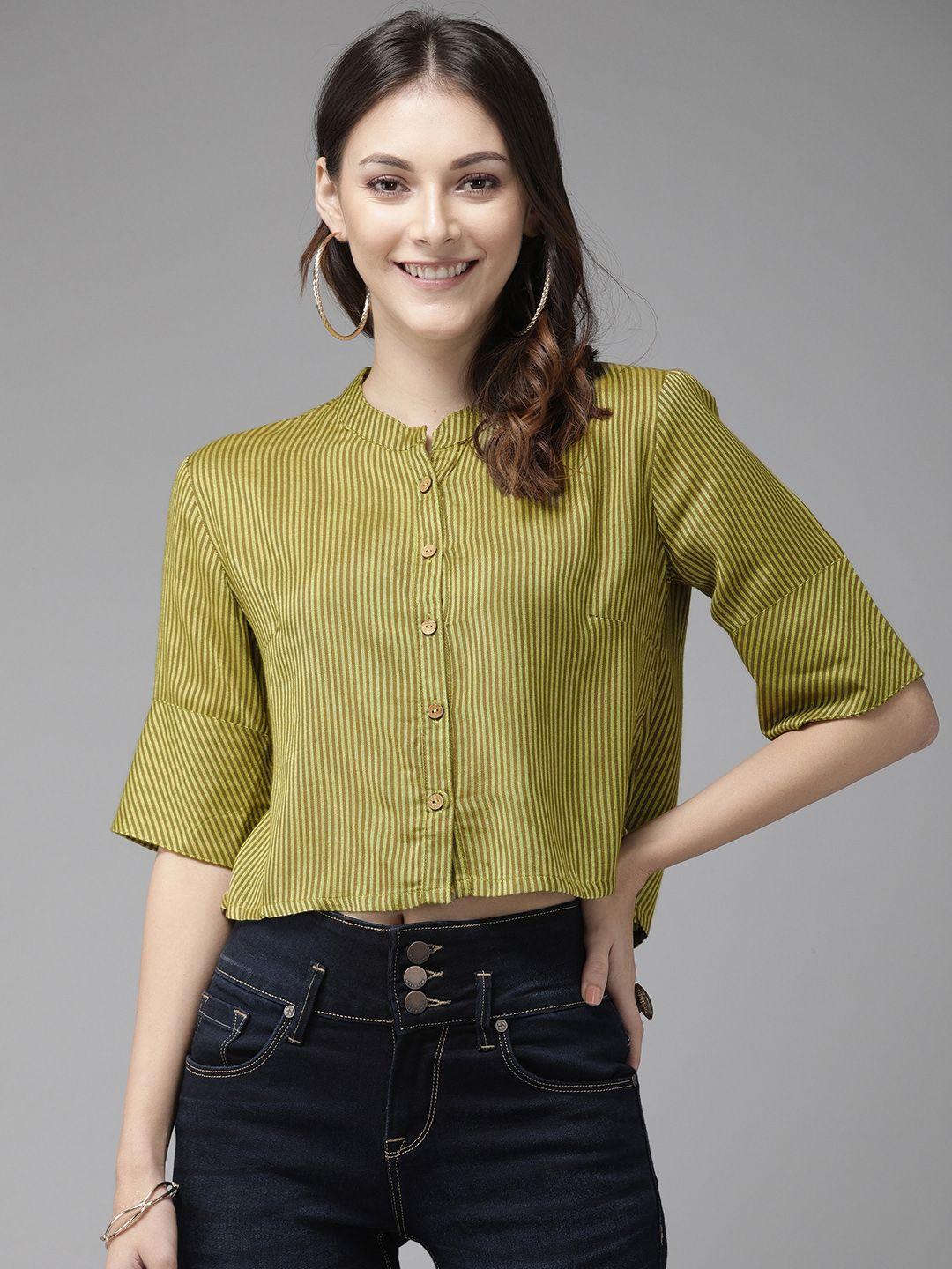 anouk women olive green striped regular crop top