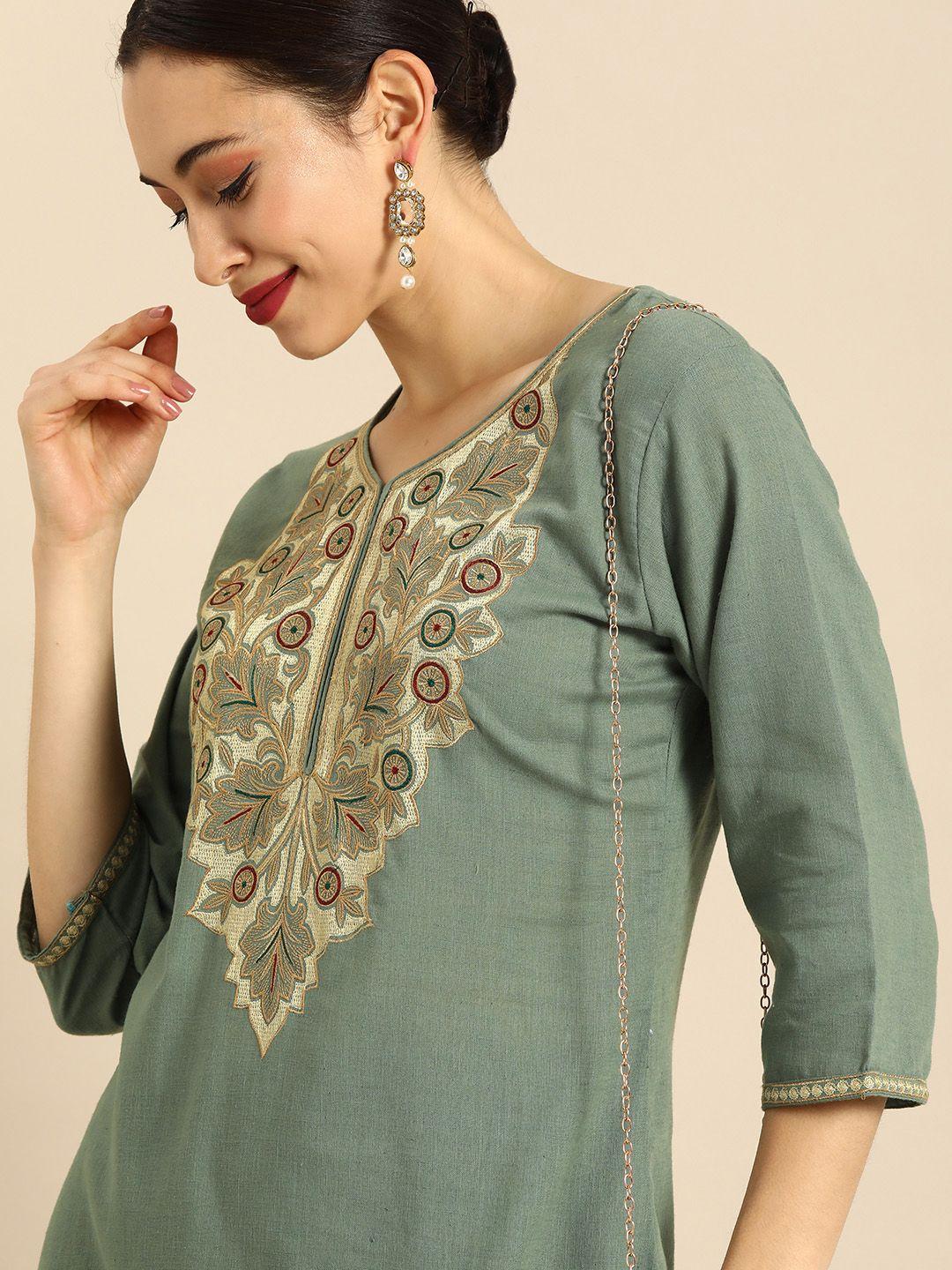 anouk women olive green yoke embroidered kurta with palazzos