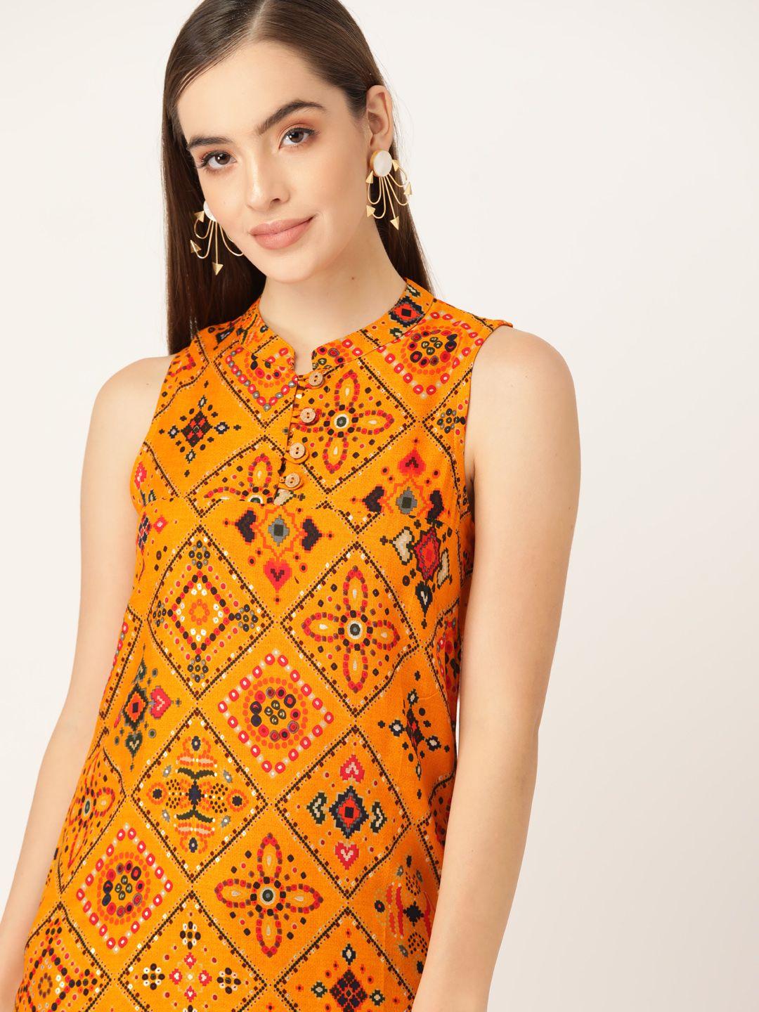 anouk women orange & black bandhani printed kurta