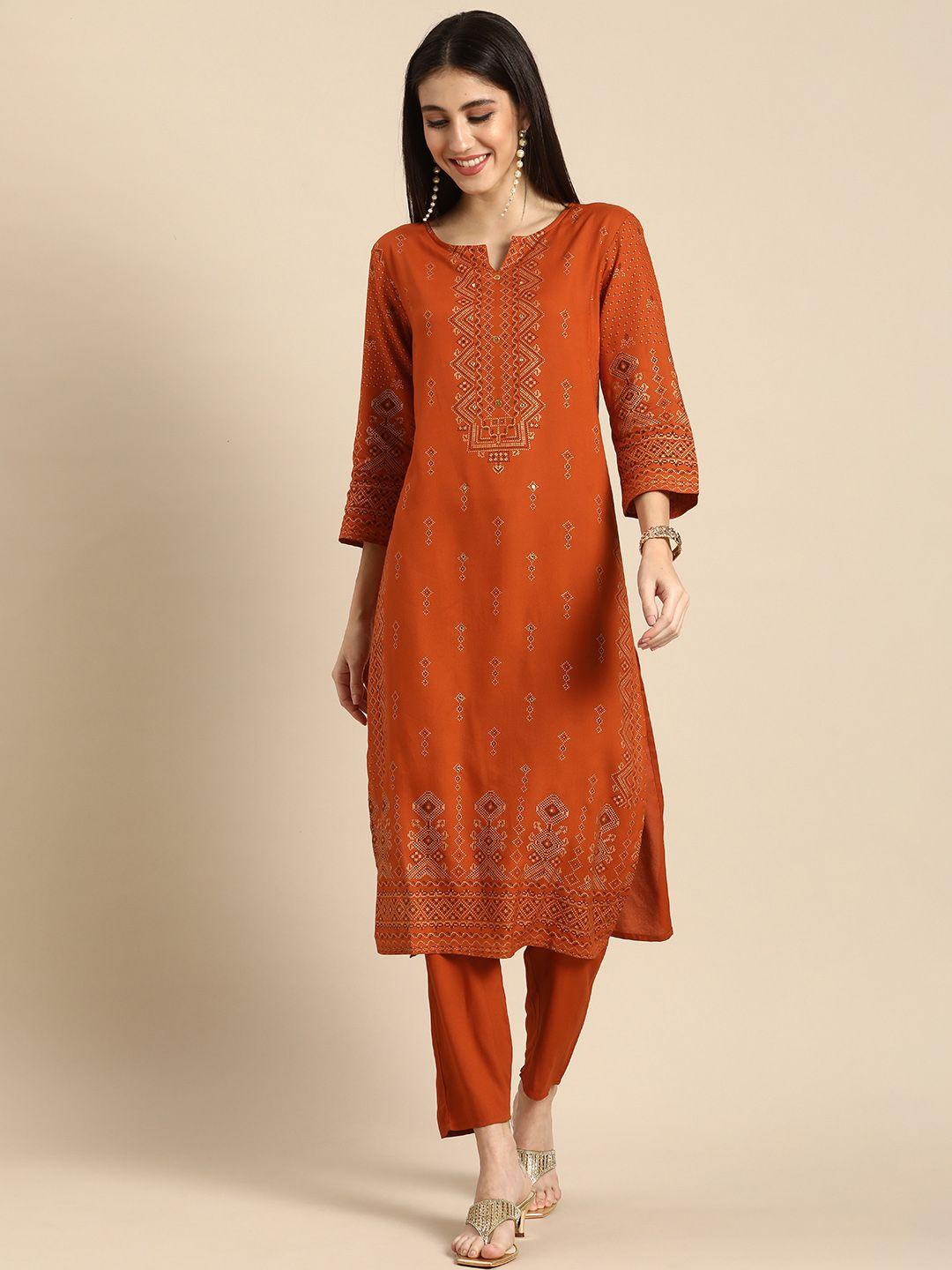 anouk women orange & black ethnic motifs printed kurta with trousers