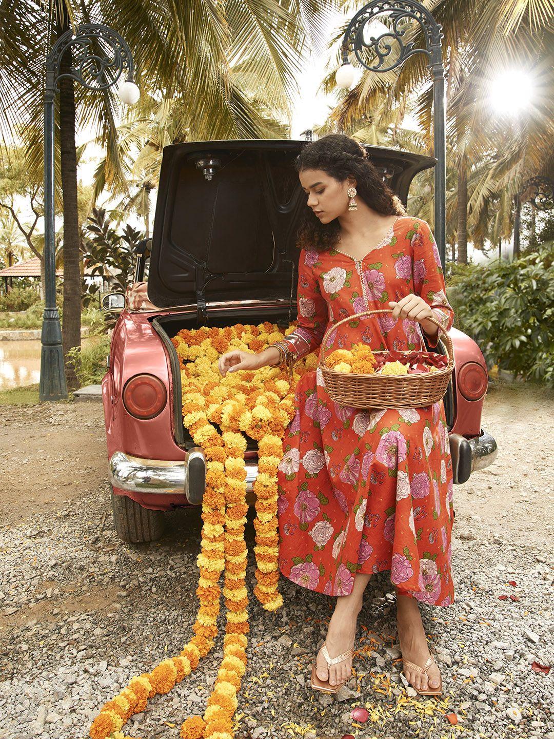 anouk women orange & pink floral printed pure cotton gotta patti kurta