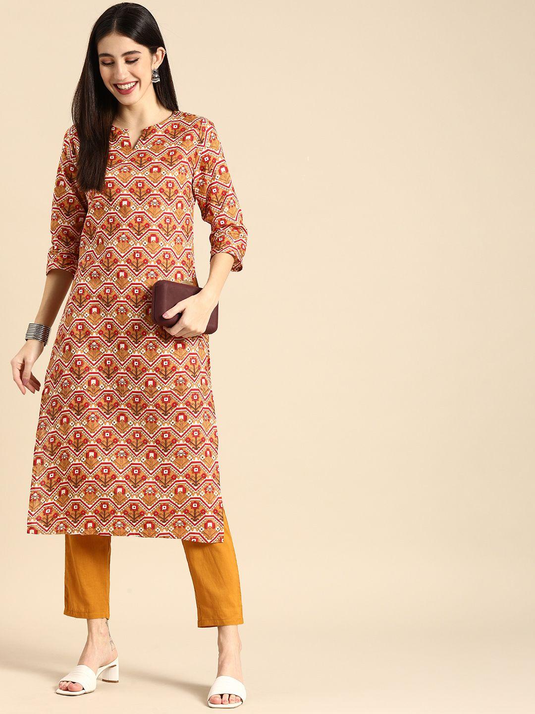 anouk women orange & red ethnic motifs printed pure cotton kurta with trousers