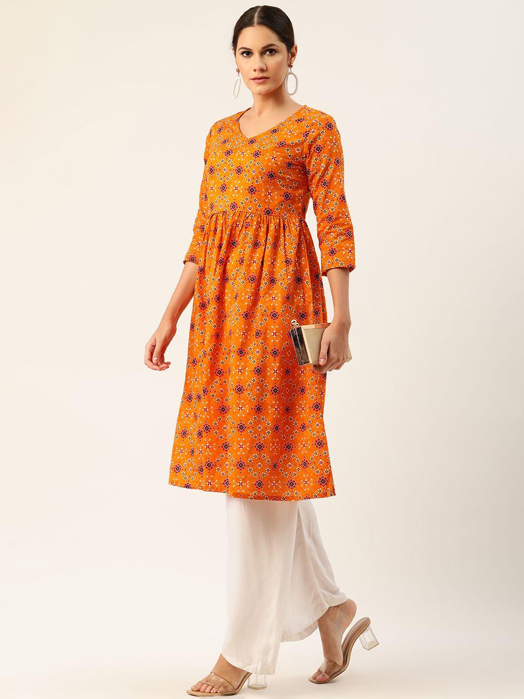 anouk women orange & red pure cotton ethnic motifs printed kurta