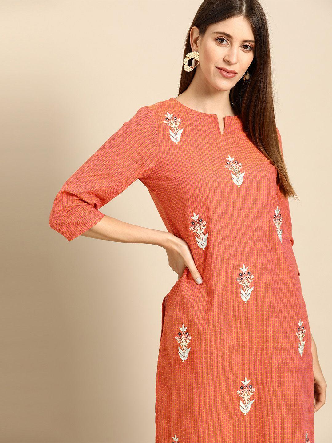 anouk women orange & white ethnic motifs printed cotton kurta