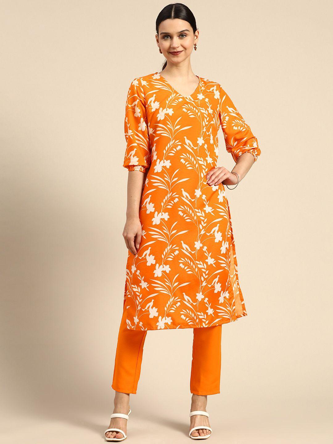 anouk women orange & white floral printed puff sleeves kurta with trousers