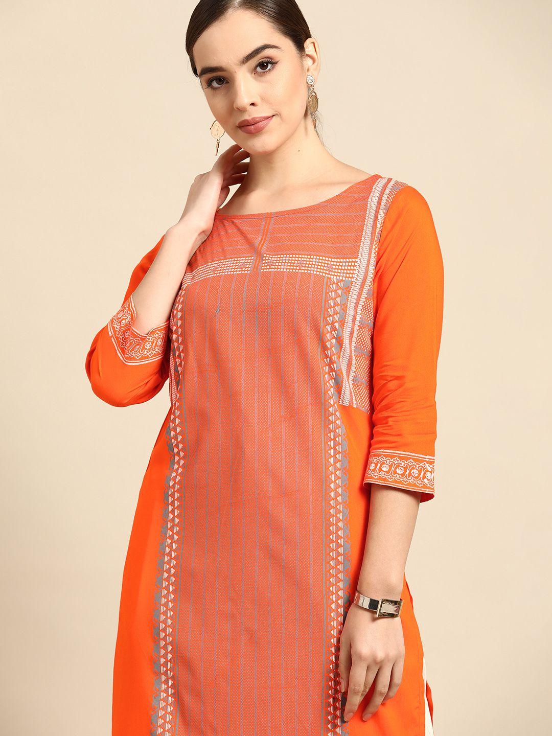 anouk women orange block print straight kurta