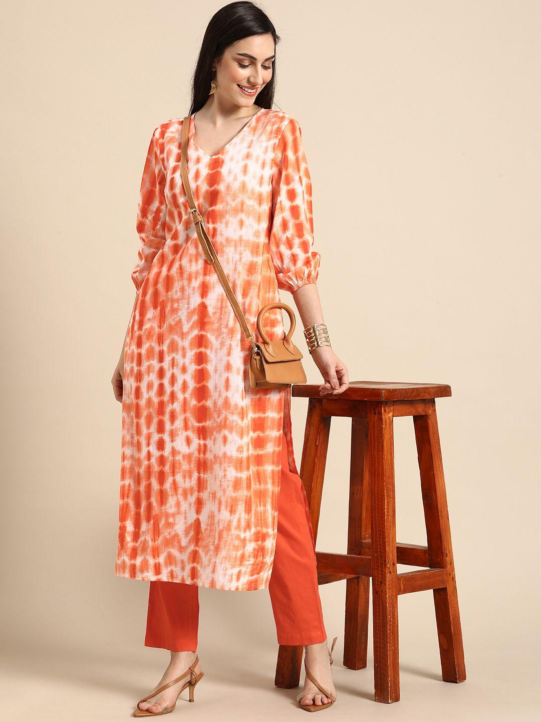 anouk women orange dyed pure cotton kurta with trousers