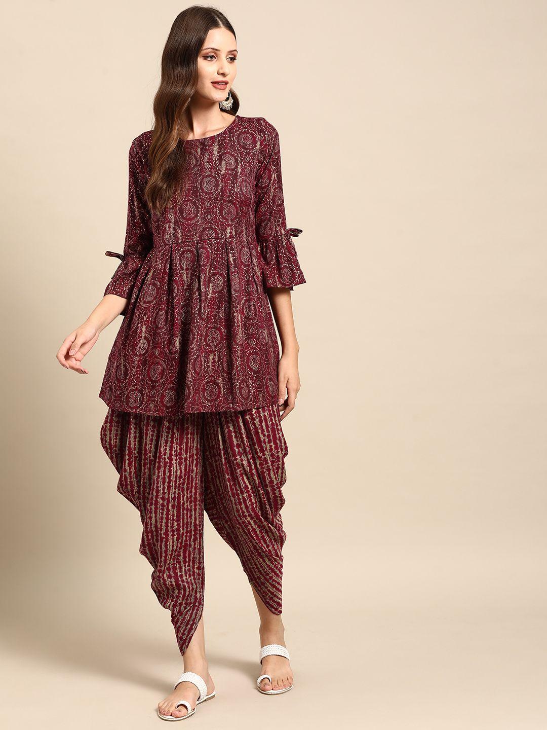 anouk women paisley printed pleated kurta with dhoti pants