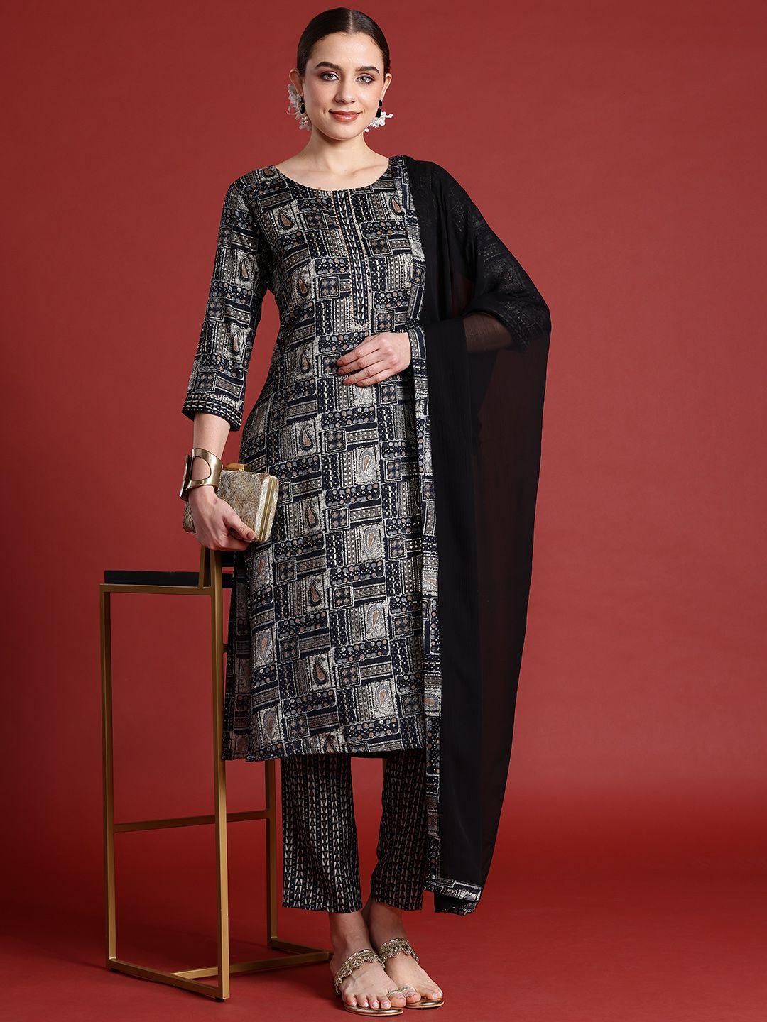 anouk women paisley printed regular kurta with trousers & with dupatta