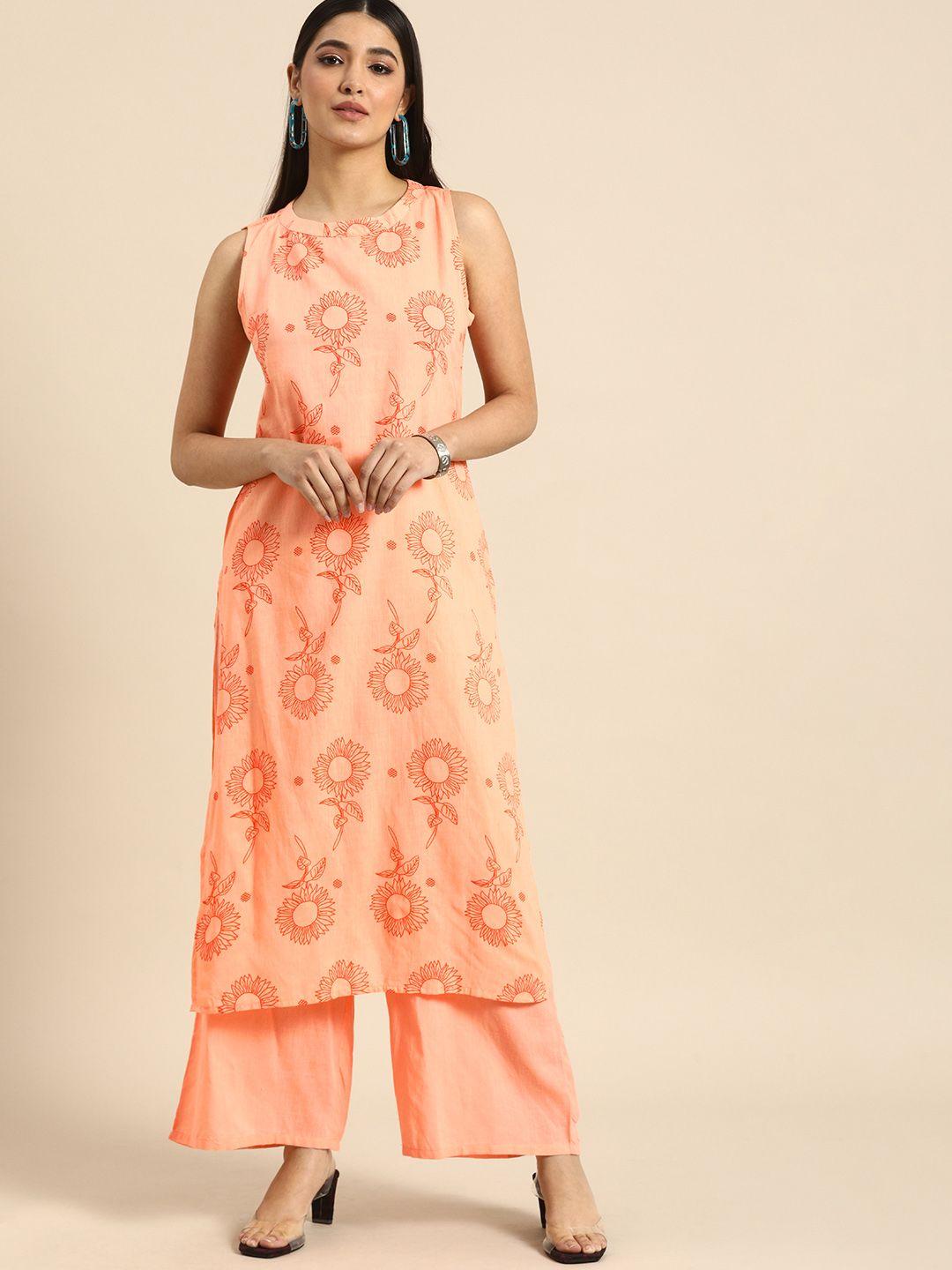 anouk women peach & orange floral printed pure cotton kurta with trousers