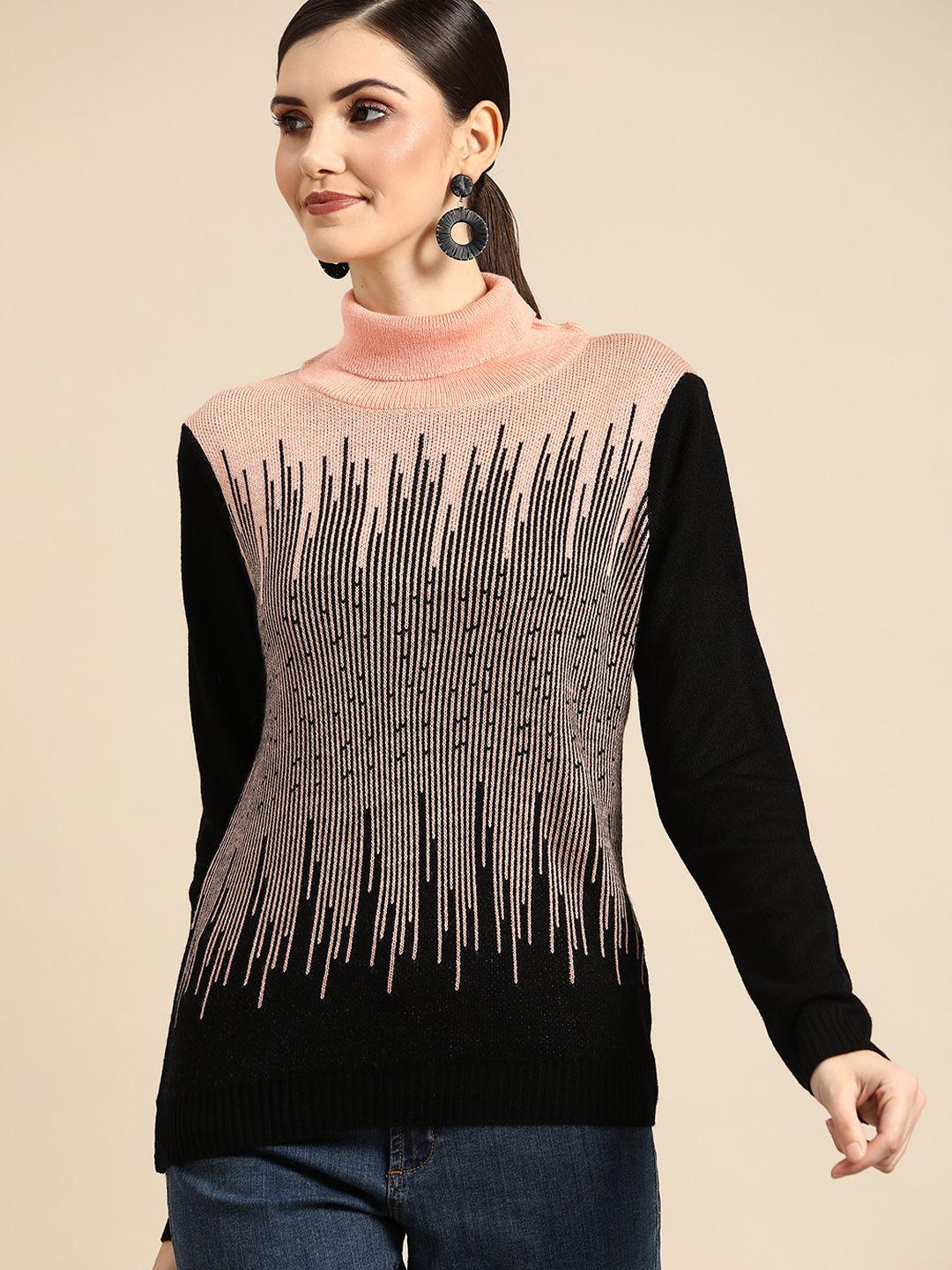 anouk women peach-coloured & black woven design pullover