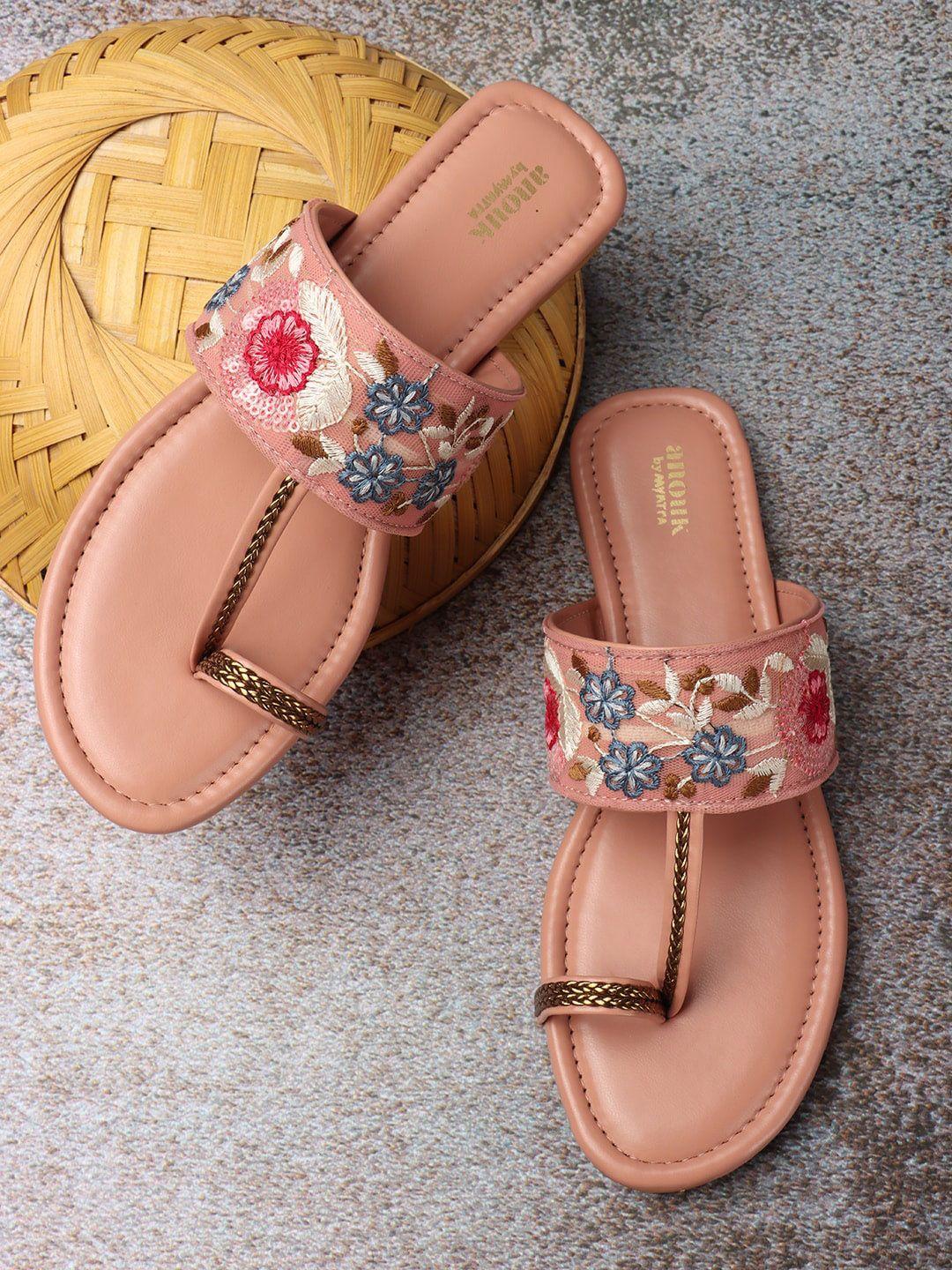 anouk women peach-coloured & blue embellished embroidered open one toe flats