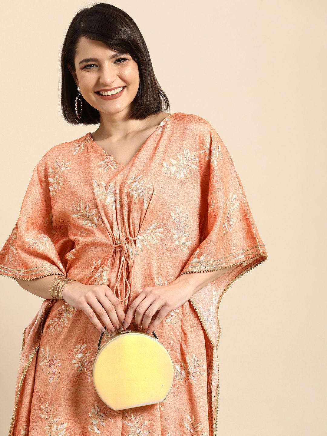 anouk women peach-coloured & gold-toned floral printed extended sleeves gotta patti kaftan kurta
