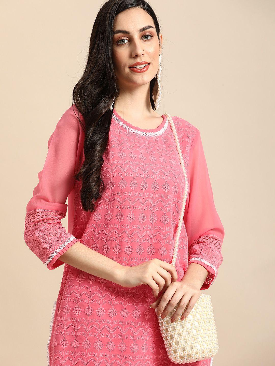 anouk women peach-coloured embroidered chikankari kurta with sharara