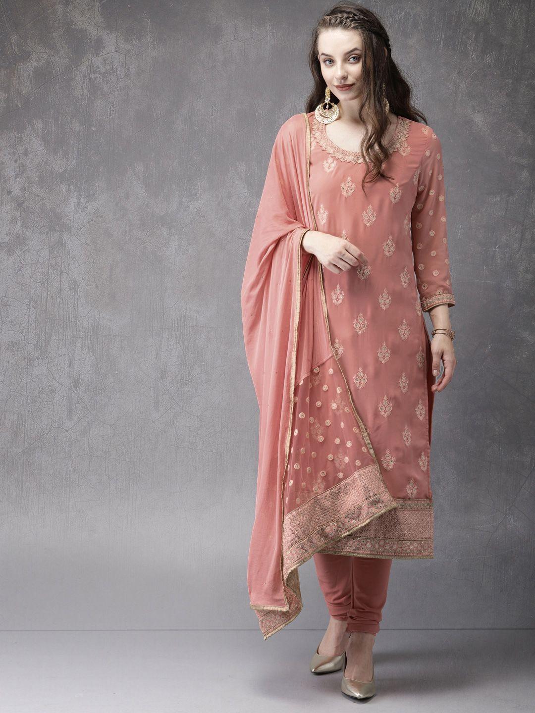 anouk women peach-coloured embroidered kurta with churidar & dupatta