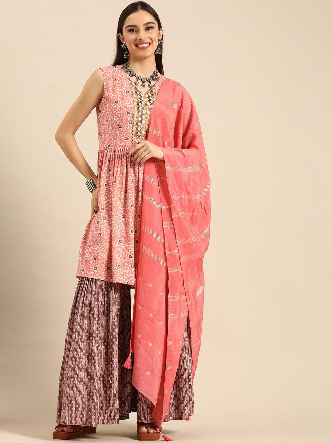 anouk women peach-coloured embroidered pleated kurta with sharara & sequined dupatta