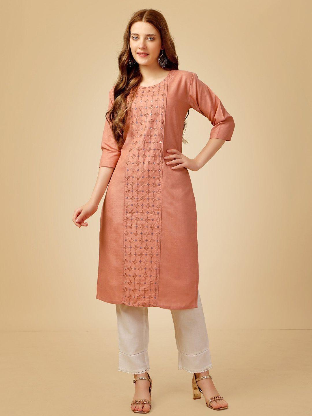 anouk women peach-coloured embroidered regular sequinned kurti with trousers