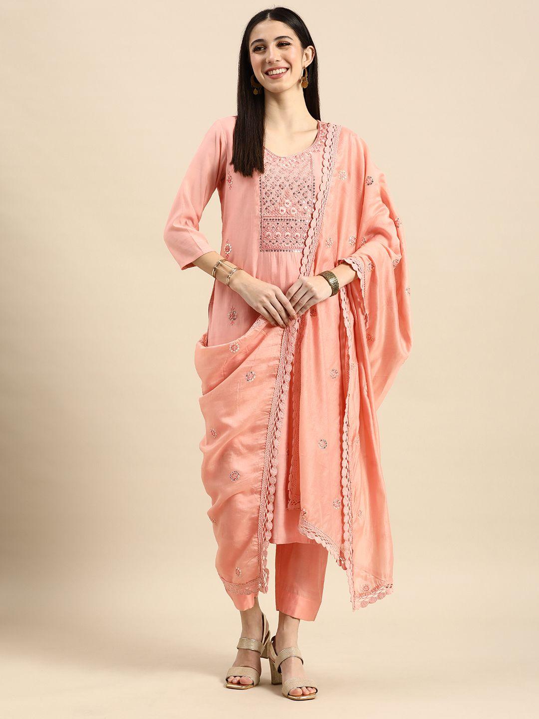 anouk women peach-coloured embroidered sequinned kurta with trousers & with dupatta