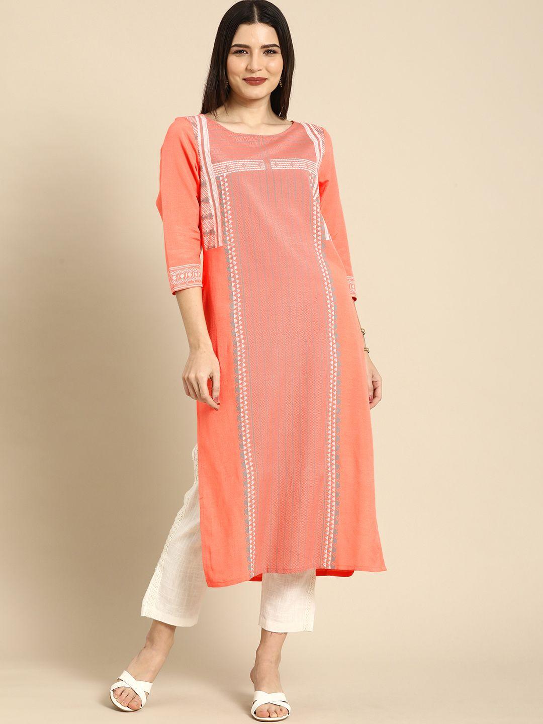 anouk women peach-coloured ethnic motifs printed boat neck pastels straight kurta