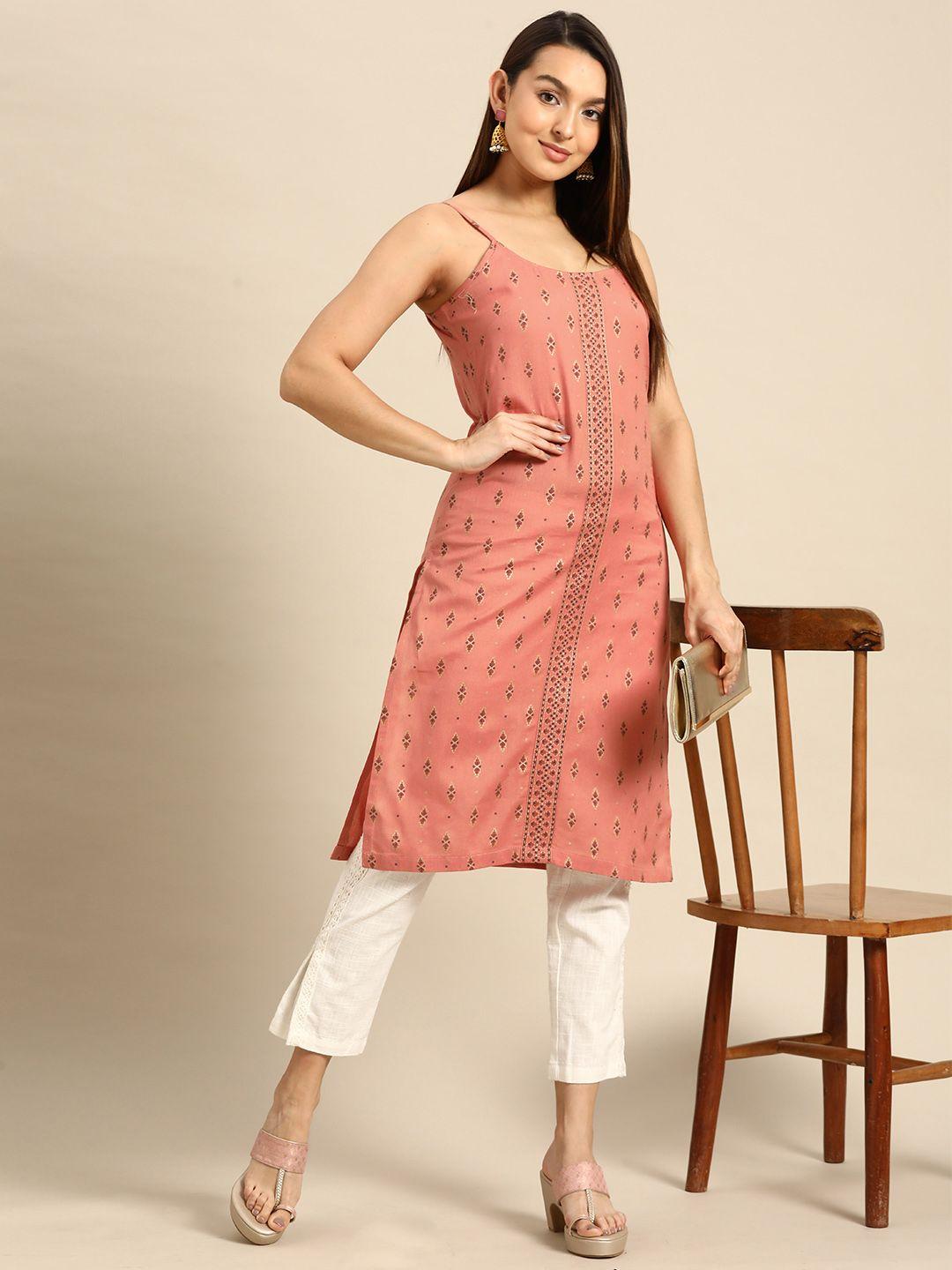 anouk women peach-coloured ethnic motifs printed kurta