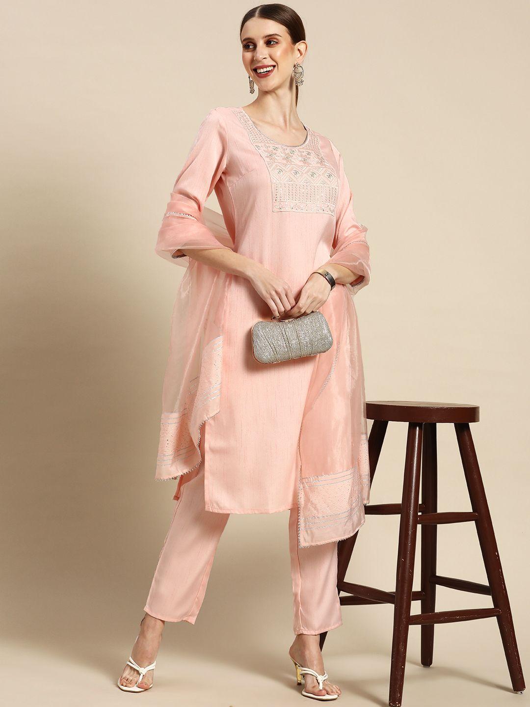 anouk women peach-coloured ethnic motifs thread work kurta with trousers & with dupatta