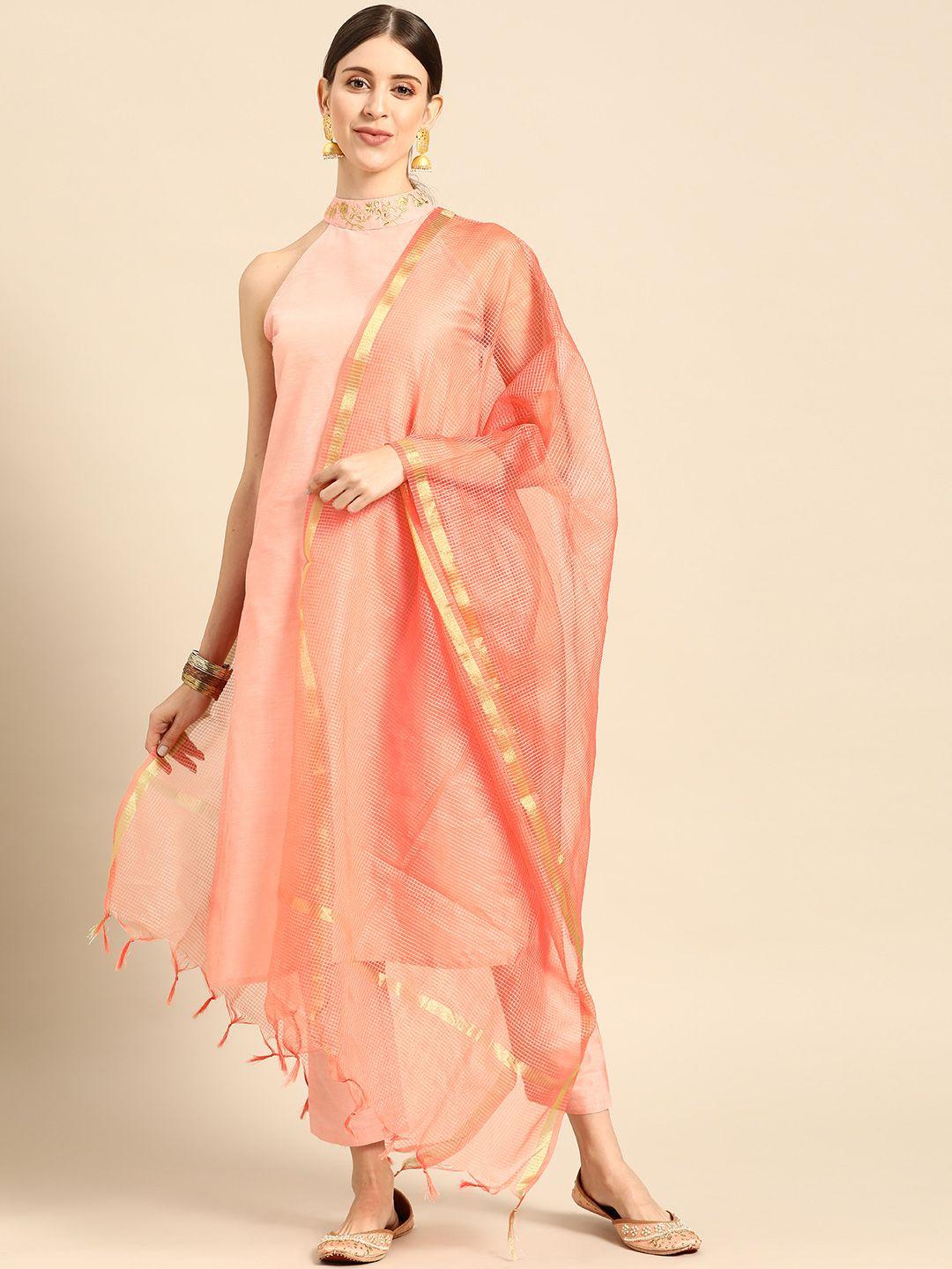 anouk women peach-coloured thread work kurta with trousers & dupatta