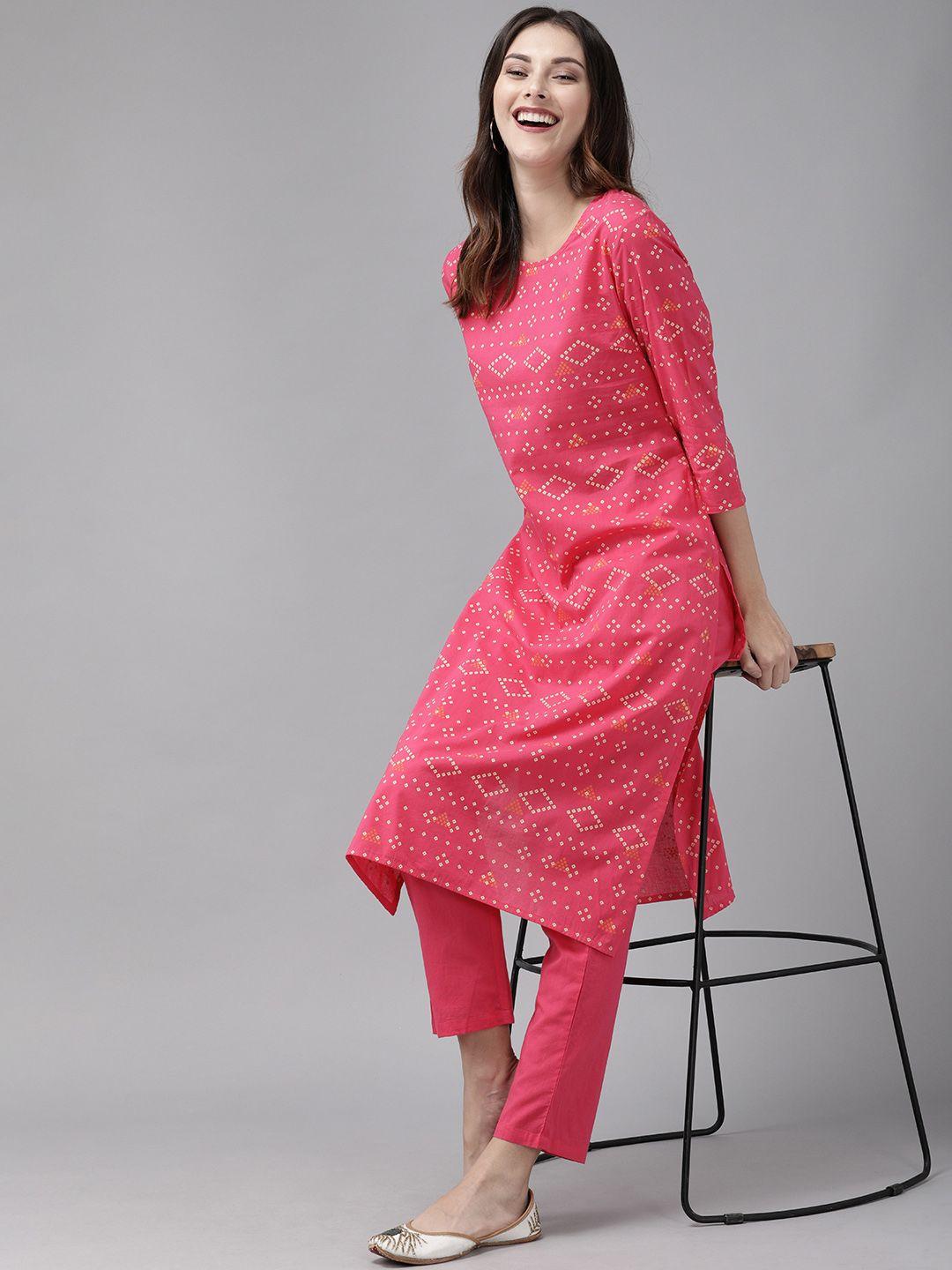 anouk women pink & beige bandhani printed kurta with trousers