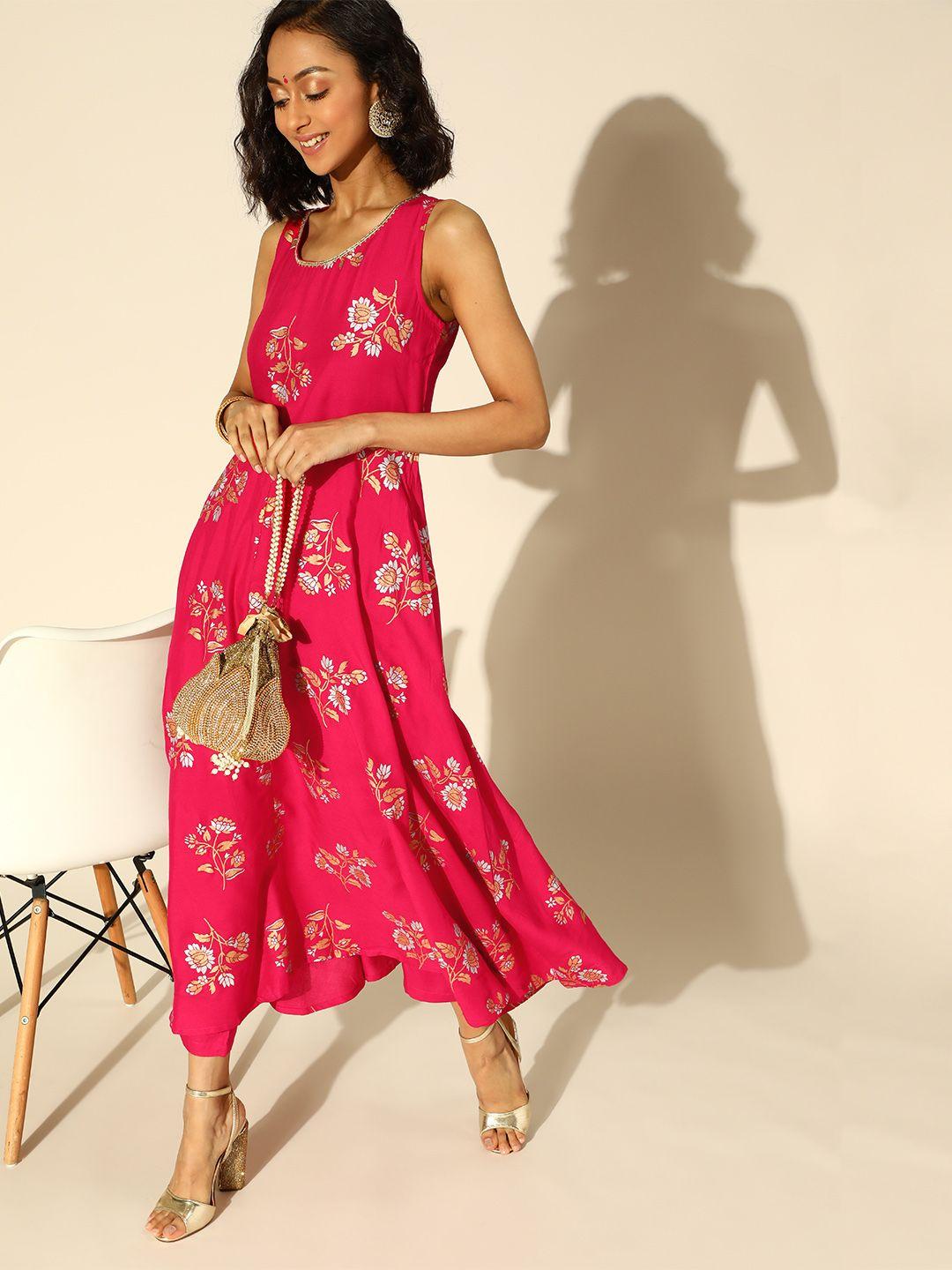 anouk women pink & golden ethnic motifs print a-line kurta with trousers