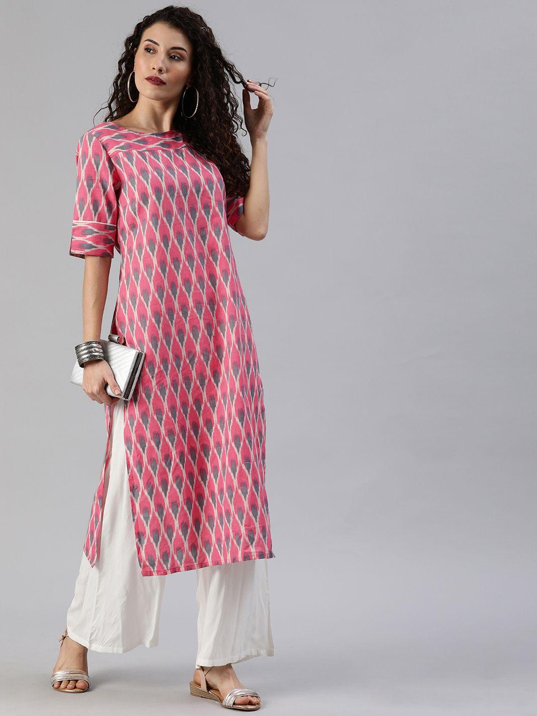 anouk women pink & grey ikat printed straight kurta