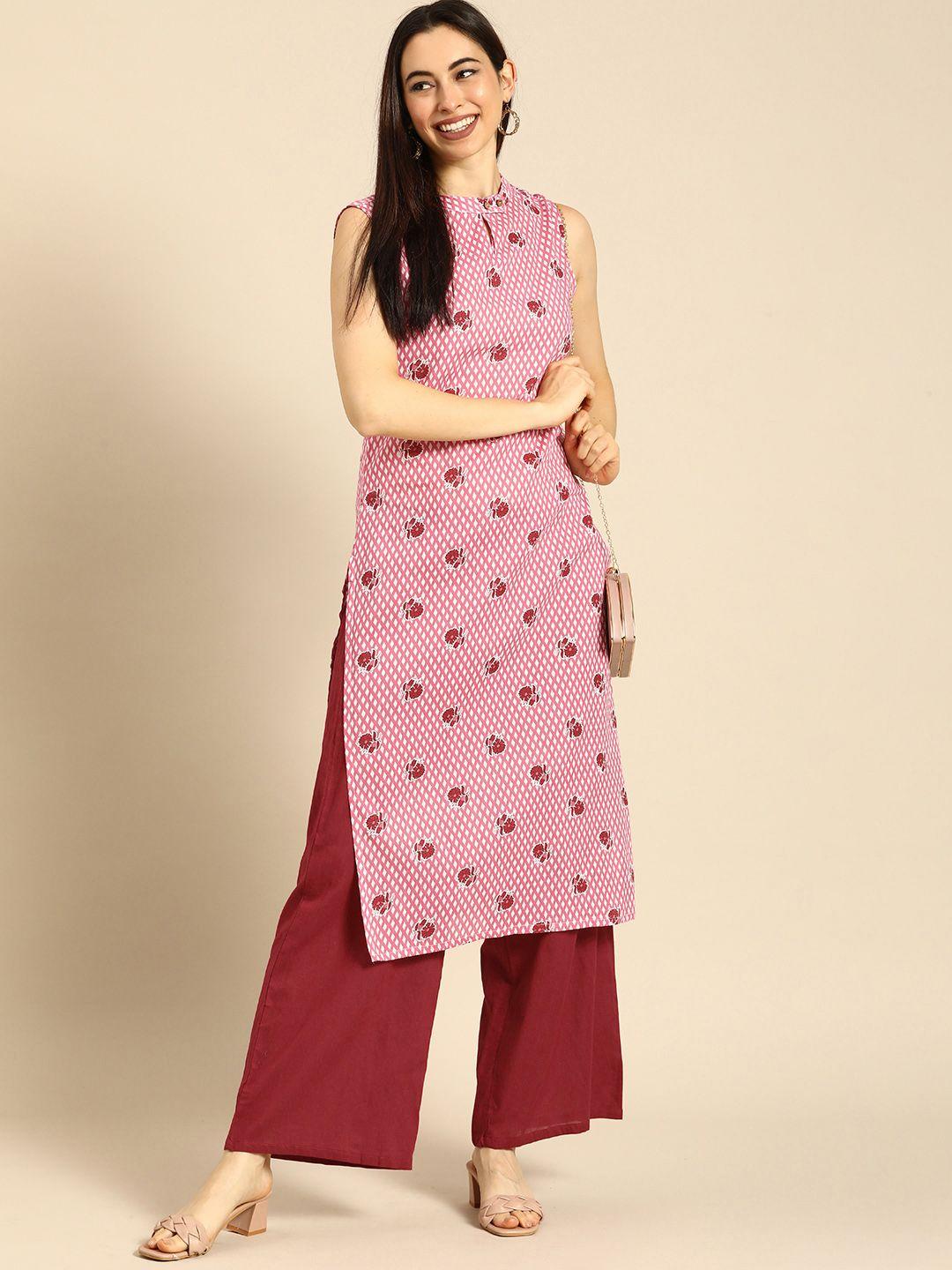 anouk women pink & maroon printed pure cotton kurta with palazzos