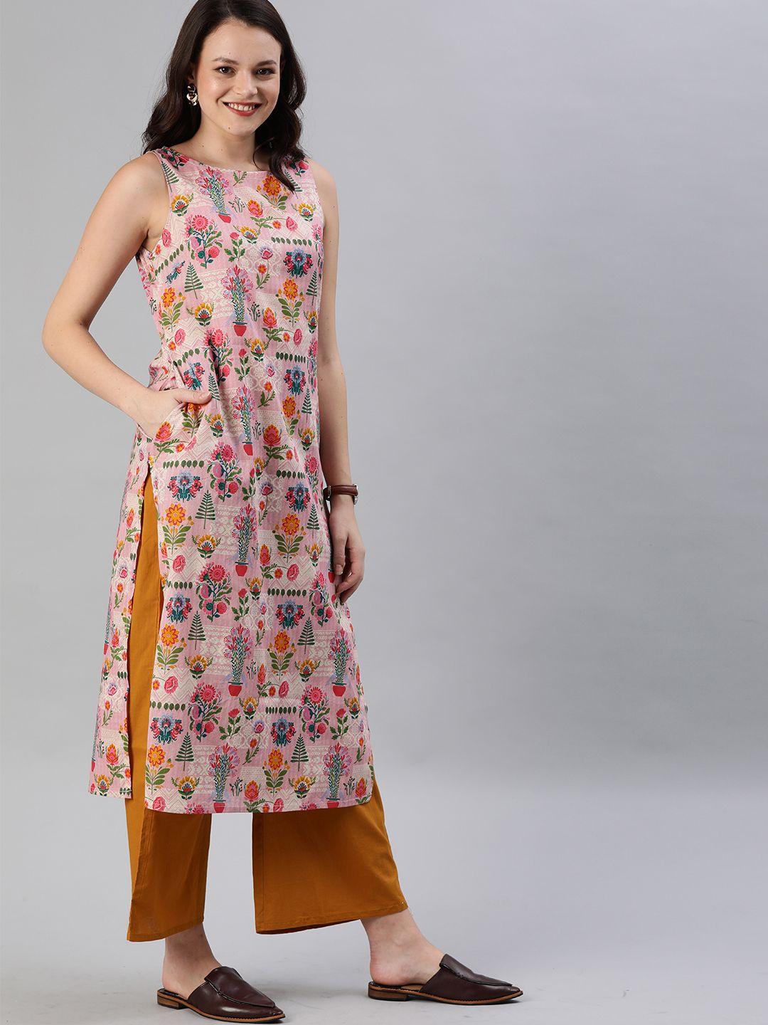 anouk women pink & mustard yellow printed straight kurta