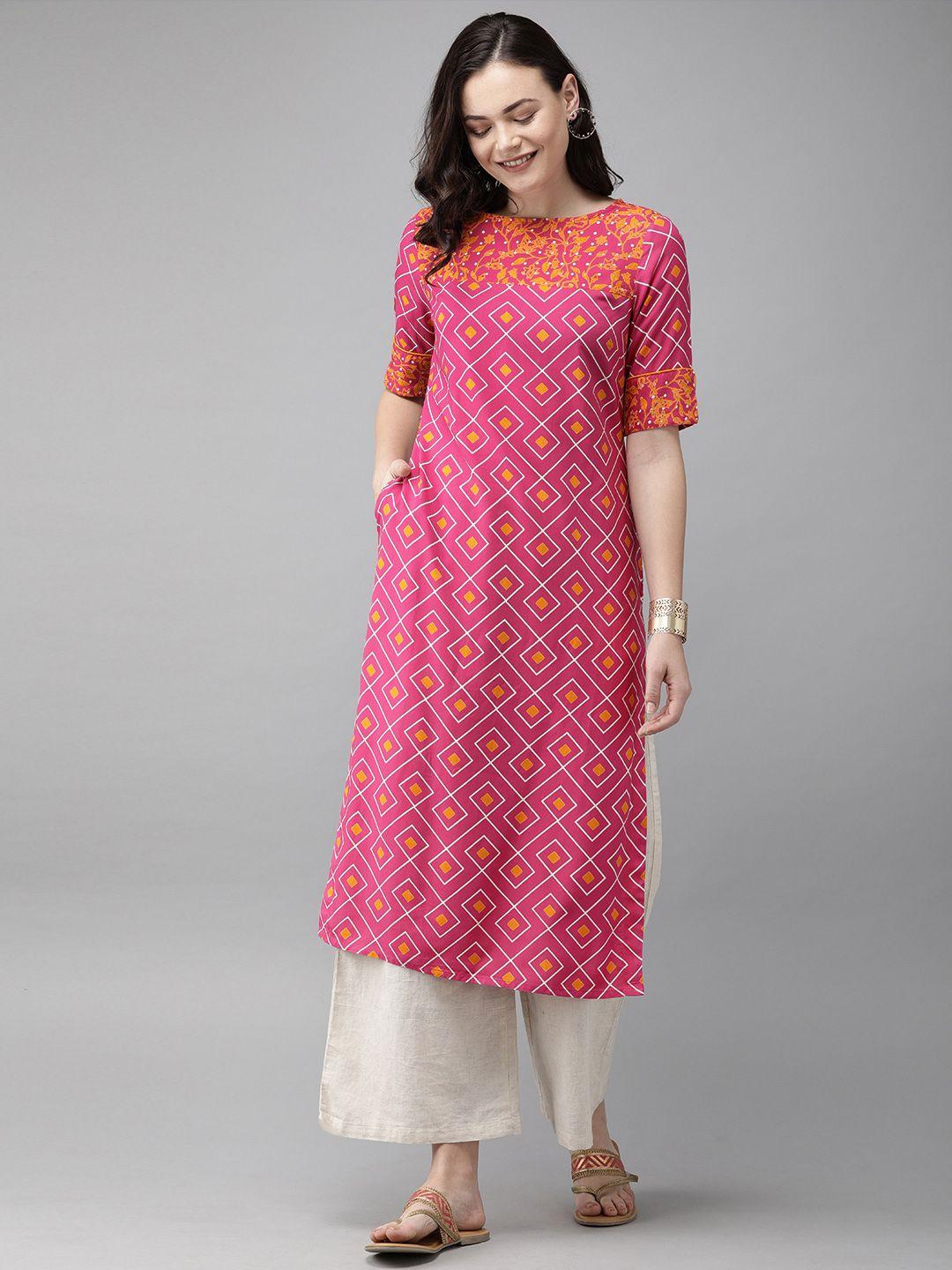 anouk women pink & mustard yellow printed straight kurta