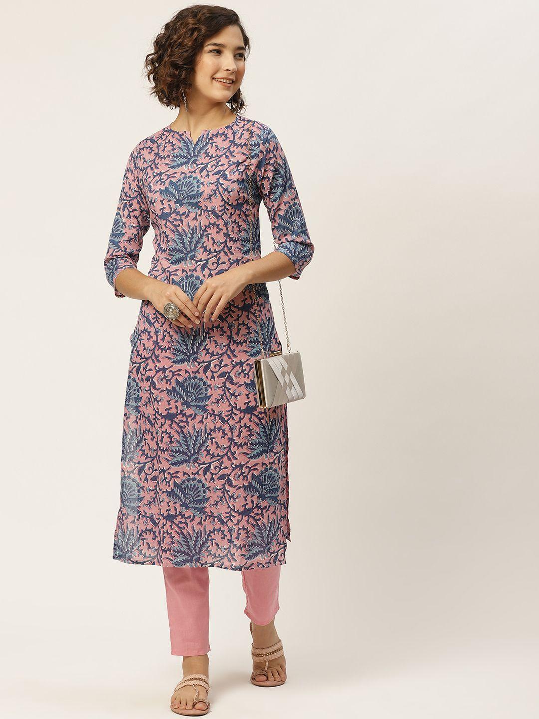 anouk women pink & navy blue ethnic motifs printed pure cotton kurta with trousers