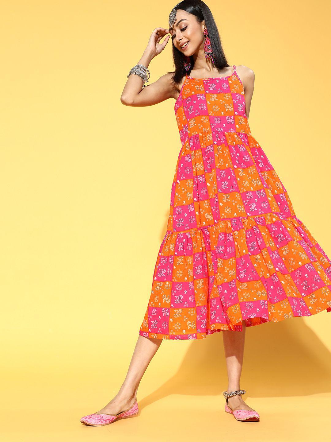 anouk women pink & orange ethnic motifs printed pure cotton a-line tiered midi dress
