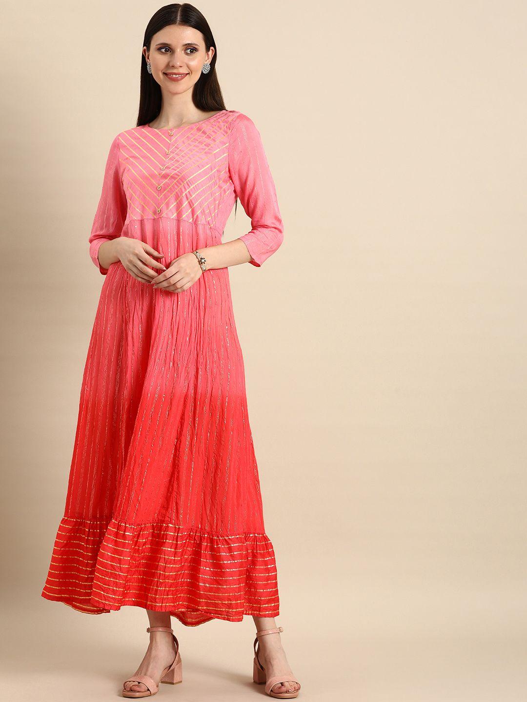 anouk women pink & red striped ethnic maxi dress