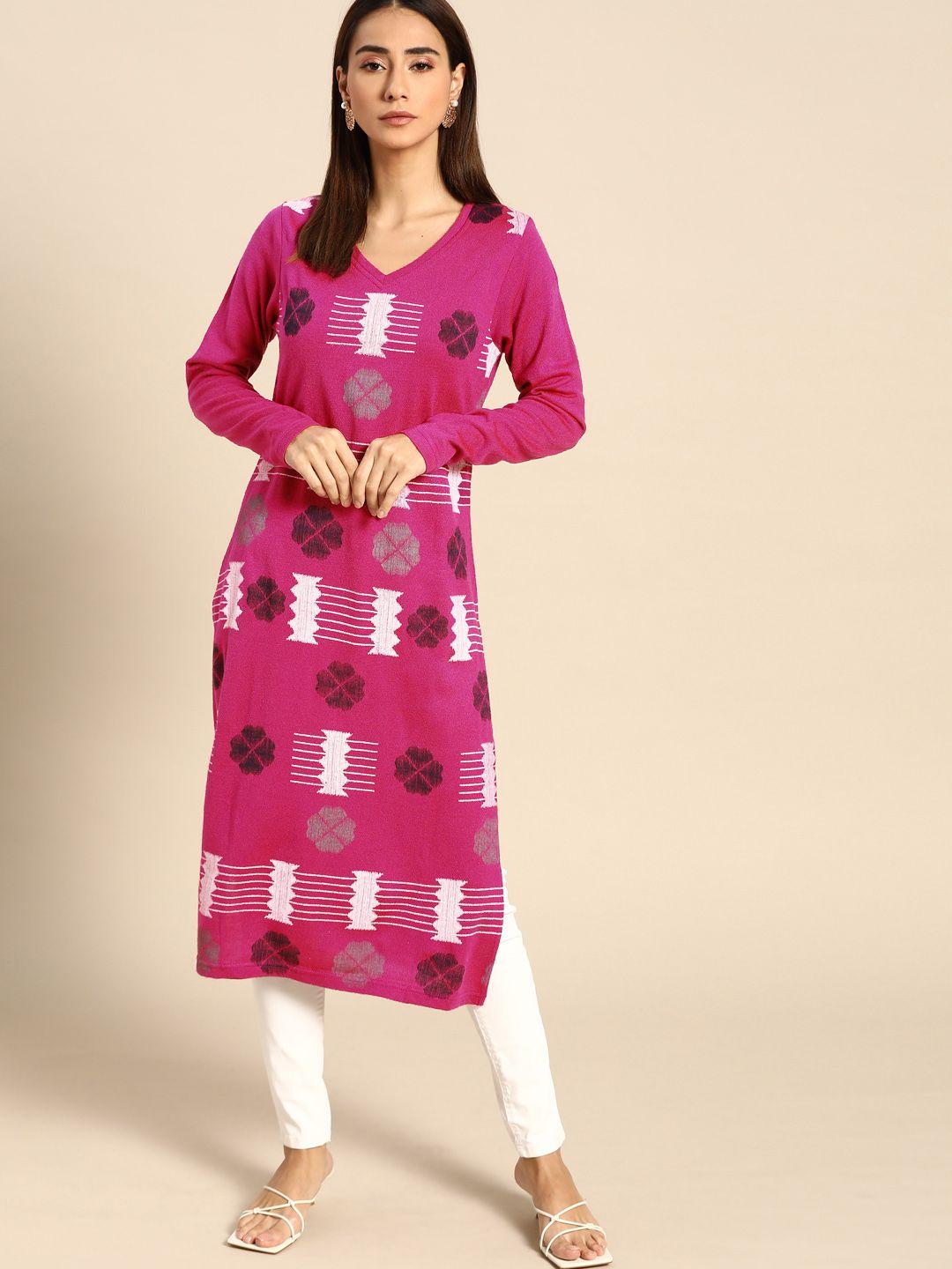 anouk women pink & white ethnic motifs printed winter straight kurta