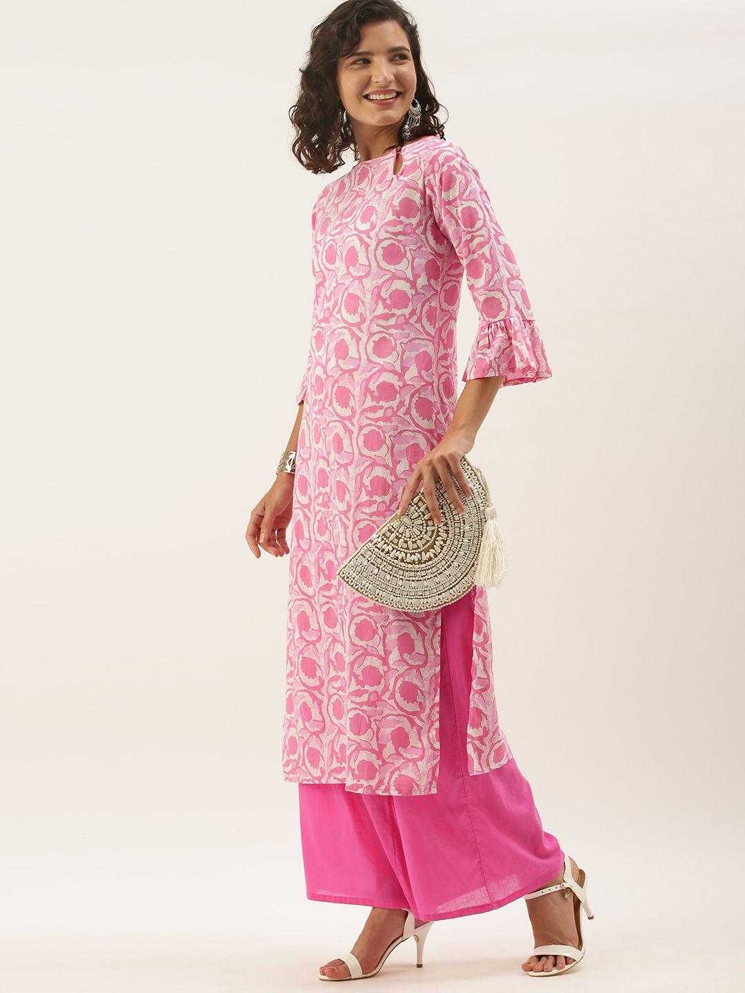 anouk women pink & white floral printed pure cotton kurta with palazzos