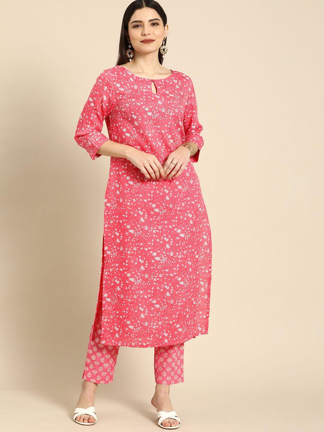 anouk women pink & white floral printed regular gotta patti kurta with trousers