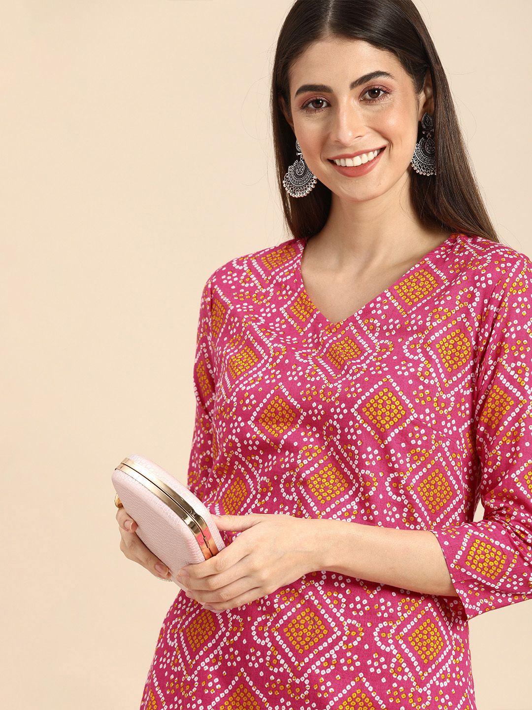 anouk women pink & white geometric printed kurta